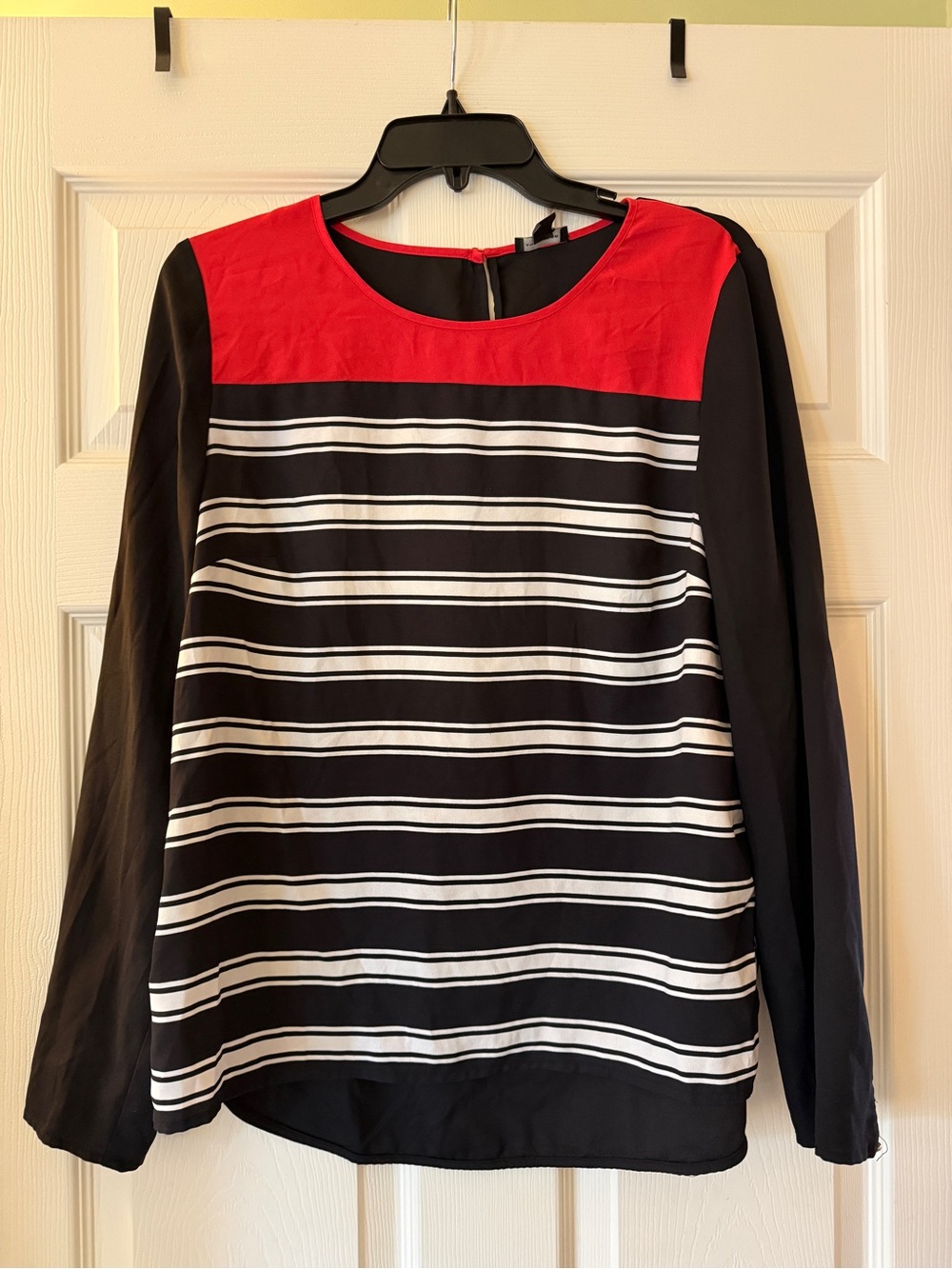 Ann Taylor Black, White & Red Striped Long-Sleeve Blouse